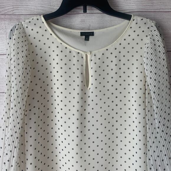 Talbots Off-White with Black Polka Dot Blouse Front Keyhole Ruffle Cuffs Size M - Picture 2 of 11